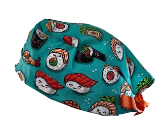 Sushi Tie Back Scrub Cap, Nurse Hat, Surgical Cap, OR Cap, Surgery, Operating Room. With or Without Ponytail Holder.