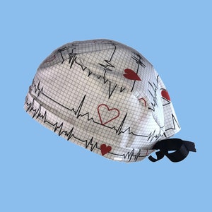 EKG Hearts White Tie Back Scrub Cap, Nurse Hat, Surgical Cap, Surgical Hat, , Operating Room. With or Without Ponytail Holder.