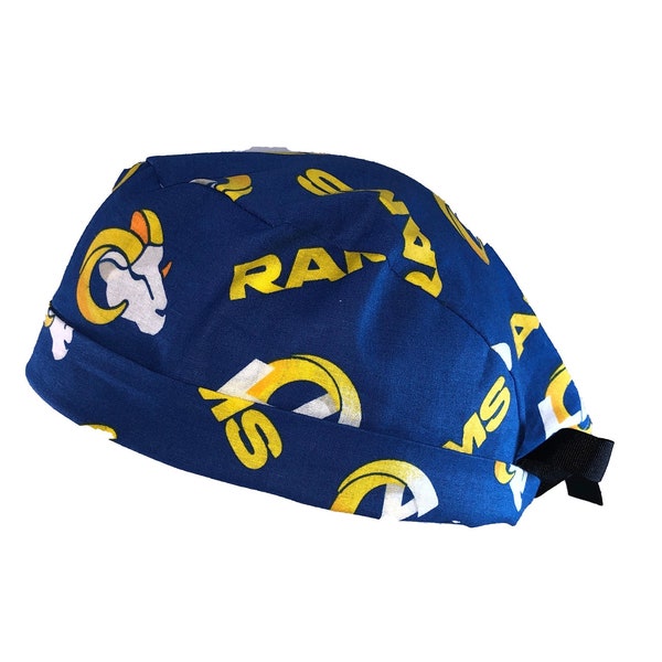 LA  Rams Horns NFL Unisex Tie Back Scrub Cap, Nurse Hat, Surgical Cap, OR Cap, Surgery, Operating Room. With or Without Ponytail Holder.