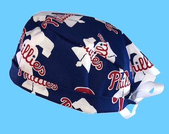 Philadelphia Phillies  MLB Baseball Tie Back Scrub Cap, Nurse Hat With or Without Ponytail Holder.