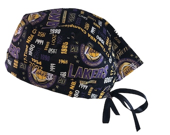 Los Angeles Lakers Champions NBA Basketball Purple Tie Back Scrub Cap, Nurse Hat, Surgical Cap. With or Without Ponytail Holder.