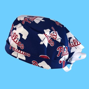 Philadelphia Phillies  MLB Baseball Tie Back Scrub Cap, Nurse Hat With or Without Ponytail Holder.