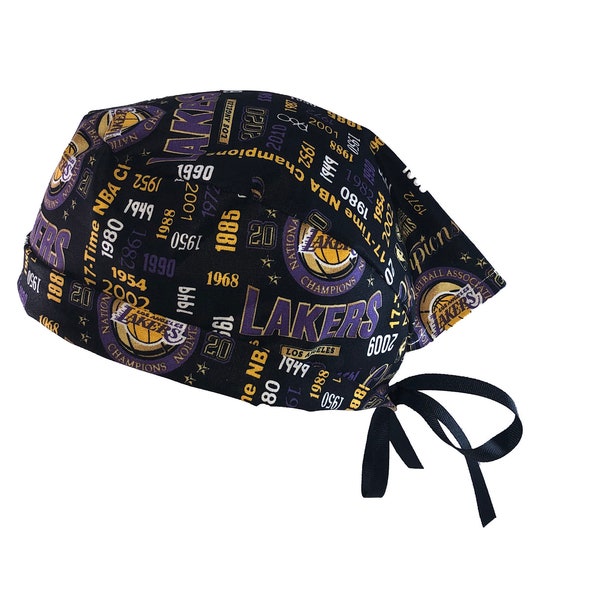 Los Angeles Lakers Champions NBA Basketball Purple Tie Back Scrub Cap, Nurse Hat, Surgical Cap. With or Without Ponytail Holder.