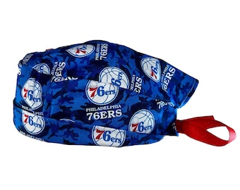 Philadelphia 76ers Blue NBA Tie Back Scrub Cap, Nurse Hat, Surgical Cap, OR Cap, Surgery, Operating Room. With or Without Ponytail Holder.