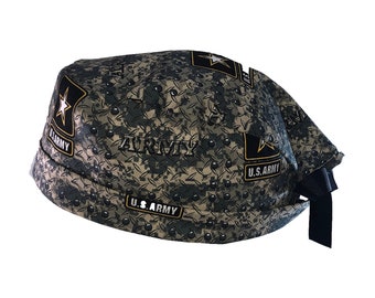 US Army Logo Tie Back Scrub Cap, Nurse Hat, Surgical Cap, OR Cap, Surgery, Operating Room. With or Without Ponytail Holder.