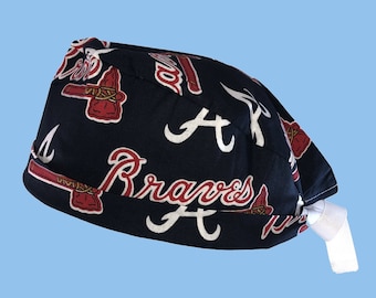 Atlanta Braves MLB Baseball Tie Back Scrub Cap, Nurse Hat, Surgical Cap, OR Cap. With or Without Ponytail Holder.