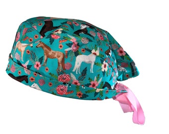 Horses & Roses Tie Back Scrub Cap, Nurse Hat, Surgical Cap, OR Cap, Surgery, With or Without Ponytail Holder. Hair scrunchie.