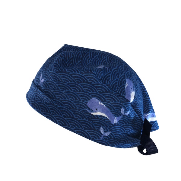 Blue Whales Soft Light FLANNEL Tie Back Scrub Cap, Nurse Hat, Surgical Cap, OR Cap, Surgery. With or Without Ponytail Holder.