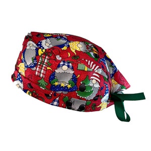 Christmas Gnomes Tie Back Scrub Cap, Nurse Hat, Surgical Cap, OR Cap, Surgery, Operating Room. With or Without Ponytail Holder.