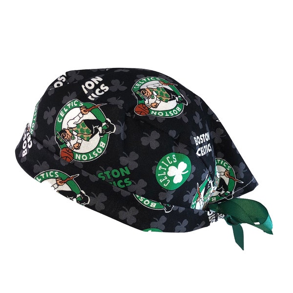 Boston Celtics Balls NBA Basketball Tie Back Scrub Cap, Nurse Hat, Surgical Cap With or Without Ponytail Holder.