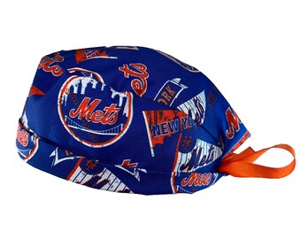 New York Mets Retro MLB Tie Back Scrub Cap, Nurse Hat, Surgical Cap, OR Cap, Surgery, Operating Room. With or Without Ponytail Holder.