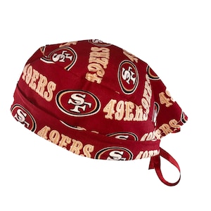 San Francisco 49ers NFL Retro Tie Back Scrub Cap, Nurse Hat, Surgical Cap, OR Cap, Surgery, Operating Room. With or Without Ponytail Holder.