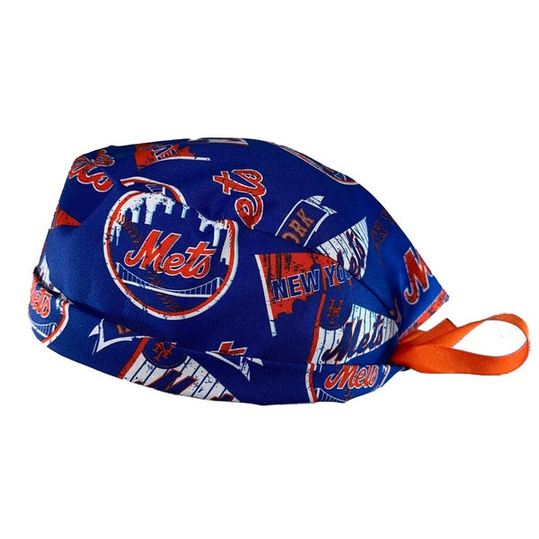 New York Mets Retro MLB Tie Back Scrub Cap, Nurse Hat, Surgical Cap, OR Cap, Surgery, Operating Room. With or Without Ponytail Holder.