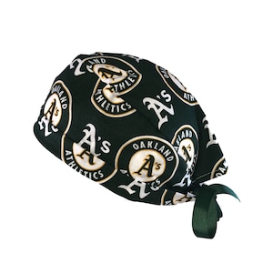 Oakland A&#39;s Athletics MLB Baseball Tie Back Scrub Cap, Nurse Hat, Surgical Cap, OR Cap, Surgery. With or Without Ponytail Holder.
