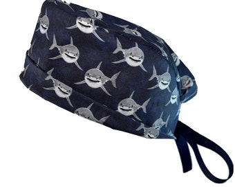 Sharks Tie Back Scrub Cap, Nurse Hat, Surgical Cap, OR Cap, Surgery, Operating Room. With or Without Ponytail Holder.