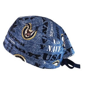 US Navy Tie Back Scrub Cap, Nurse Hat, Surgical Cap, OR Cap, Surgery, Operating Room. With or Without Ponytail Holder.
