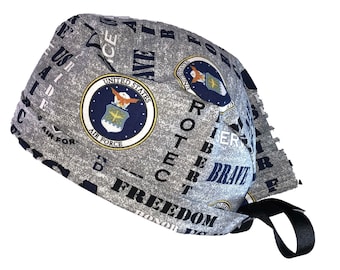 US Airforce USAF Tie Back Scrub Cap, Nurse Hat, Surgical Cap, OR Cap, Surgery, Operating Room. With or Without Ponytail Holder.
