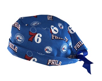 Philadelphia 76ers NBA Tie Back Scrub Cap, Nurse Hat, Surgical Cap, OR Cap, Surgery, Operating Room. With or Without Ponytail Holder.