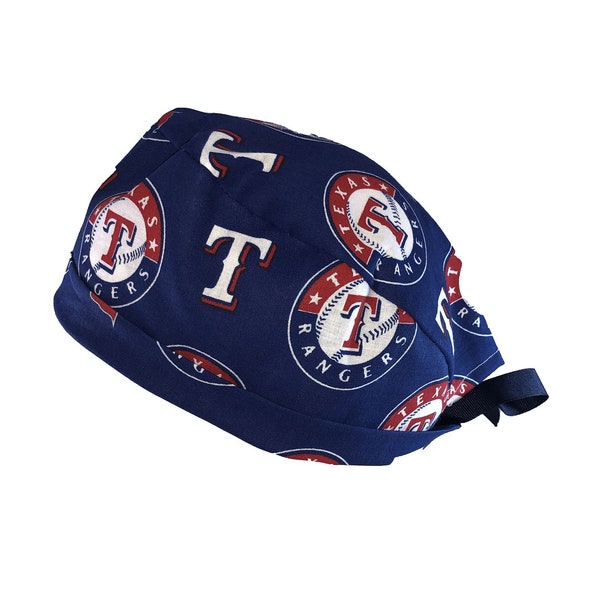 Texas Rangers MLB Large Print Baseball Tie Back Scrub Cap, Nurse Hat With or Without Ponytail Holder.