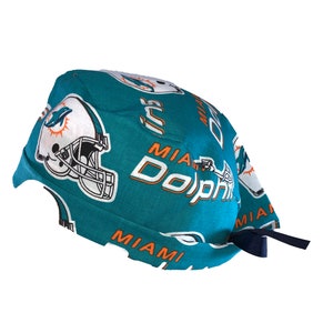 Miami Dolphins NFL Tie Back Scrub Cap, Nurse Hat, Surgical Cap, OR Cap, Surgery, Operating Room. With or Without Ponytail Holder.