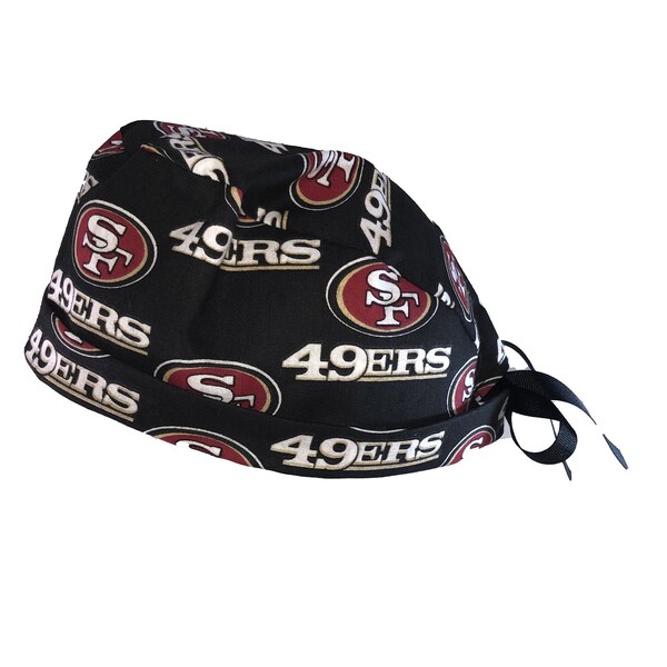 San Francisco 49ers Large Print NFL Black Football Tie Back Scrub Cap, Nurse Hat, Surgical Cap, Surgery. With or Without Ponytail Holder.