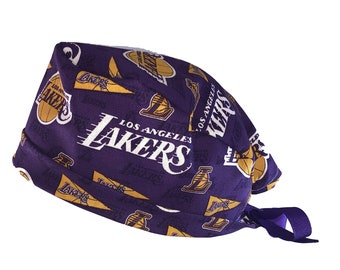 Los Angeles Lakers NBA Basketball Purple Tie Back Scrub Cap, Nurse Hat, Surgical Cap. With or Without Ponytail Holder.