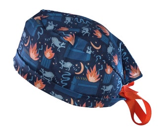 Dumpster Fire Tie Back Scrub Cap, Nurse Hat, Surgical Cap, OR Cap, Surgery, Operating Room. With or Without Ponytail Holder. Hair scrunchie.