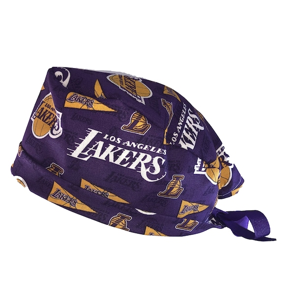 Los Angeles Lakers NBA Basketball Purple Tie Back Scrub Cap, Nurse Hat, Surgical Cap. With or Without Ponytail Holder.