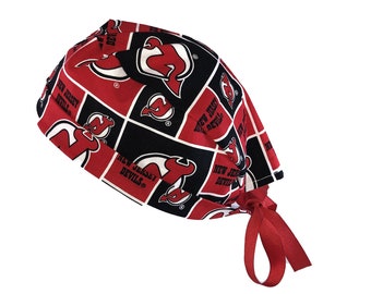 New Jersey Devils NHL Hockey Tie Back Scrub Cap, Nurse Hat With or Without Ponytail Holder.