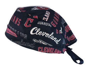 Cleveland Guardians (Indians) Large Print MLB Baseball Tie Back Scrub Cap, Nurse Hat, Surgical Cap. With or Without Ponytail Holder.