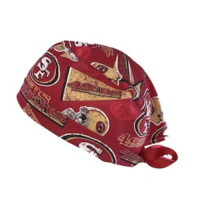 San Francisco 49ers NFL Red Tie Back Scrub Cap, Nurse Hat, Surgical Cap, OR Cap, Surgery, Operating Room. With or Without Ponytail Holder.