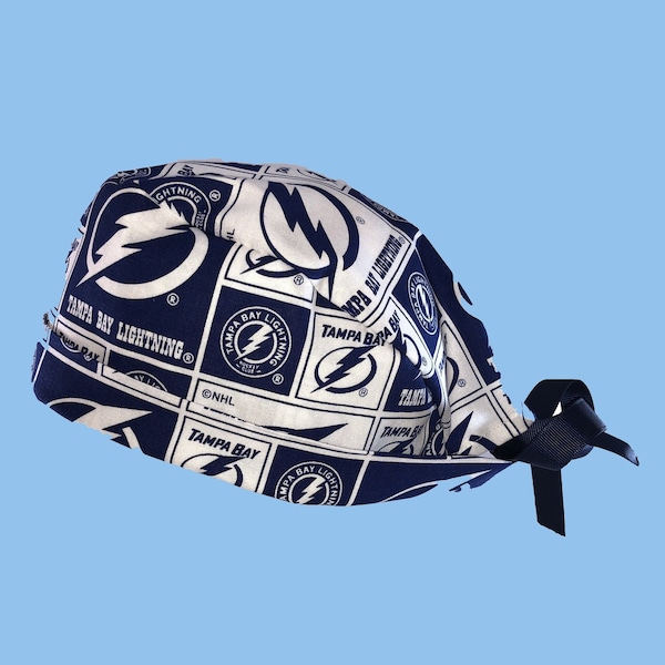 Tampa Bay Lightning White Hockey NHL Tie Back Scrub Cap, Nurse Hat With or Without Ponytail Holder.