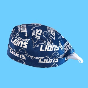 Detroit Lions Large Print NFL Tie Back Scrub Cap, Nurse Hat With or Without Ponytail Holder.