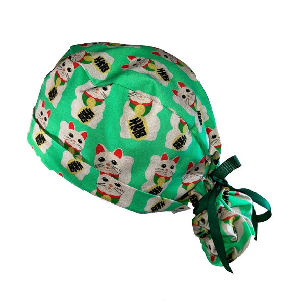 Lucky Cat Tie Back Scrub Cap, Nurse Hat, Surgical Cap. With or Without Ponytail Holder.