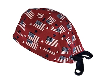 Stars & Stripes USA Flag Tie Back Scrub Cap, Nurse Hat, Surgical Cap, OR Cap, Surgery, Operating Room. With or Without Ponytail Holder.