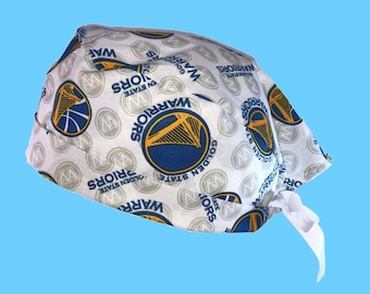 Golden State Warriors White NBA Tie Back Scrub Cap, Nurse Hat, Surgical Cap, OR Cap, Surgery. With or Without Ponytail Holder.