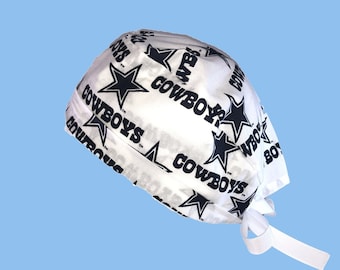 Dallas Cowboys White NFL Tie Back Scrub Cap, Nurse Hat, Surgical Cap, OR Cap, Surgery, Operating Room. With or Without Ponytail Holder.