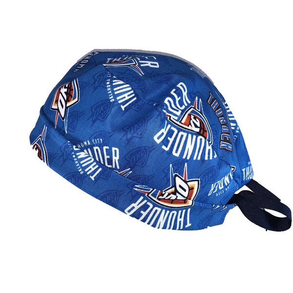 Oklahoma City Thunder NBA Pale Blue Tie Back Scrub Cap, Nurse Hat With or Without Ponytail Holder.