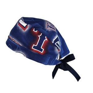 Texas Rangers MLB Dots Baseball Tie Back Scrub Cap, Nurse Hat With or Without Ponytail Holder.
