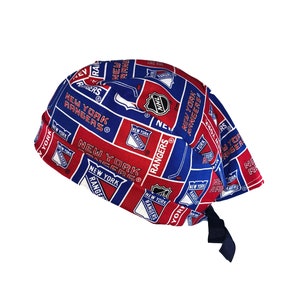 New York Rangers Blocks NHL Tie Back Scrub Cap, Nurse Hat, Surgical Cap, Surgery. With or Without Ponytail Holder.