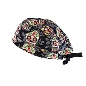 Skulls Day Of The Dead  Tie Back Scrub Cap, Nurse Hat, Surgical Cap, Operating Room. With or Without Ponytail Holder.