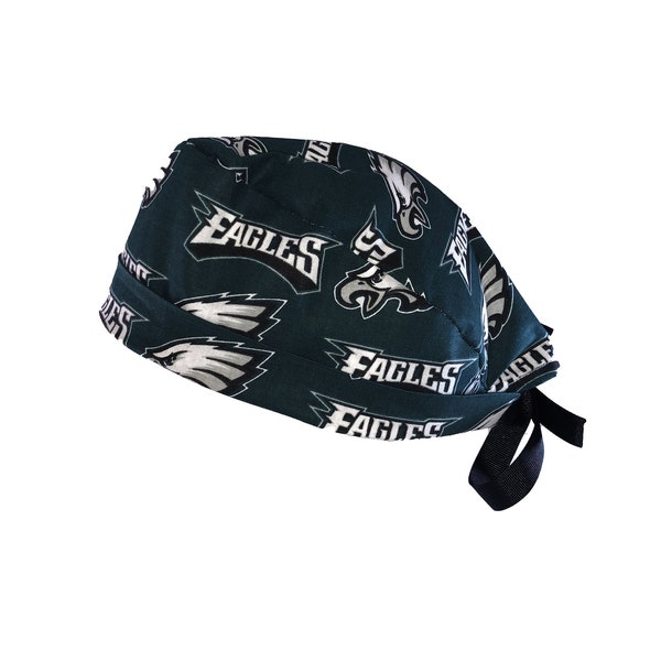 Philadelphia Eagles Large Print  NFL Tie Back Scrub Cap, Nurse Hat, Surgical Cap. With or Without Ponytail Holder.