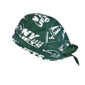 New York Jets NFL Tie Back Scrub Cap, Nurse Hat, Surgical Cap, OR Cap, Surgery, Operating Room. With or Without Ponytail Holder.