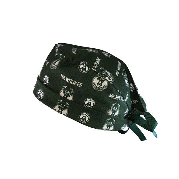 Milwaukee Bucks Green NBA Basketball  Tie Back Scrub Cap, Nurse Hat, Surgical Cap. With or Without Ponytail Holder.