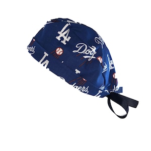 Los Angeles Dodgers Large Print Blue MLB Blue Baseball Tie Back Scrub Cap, Nurse Hat With or Without Ponytail Holder.