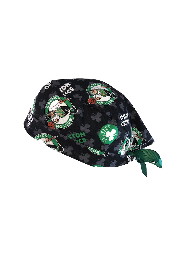 Boston Celtics Balls NBA Basketball Tie Back Scrub Cap, Nurse Hat, Surgical Cap With or Without Ponytail Holder. image 1