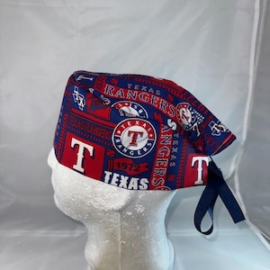Texas Rangers MLB Large Print Baseball Tie Back Scrub Cap, Nurse Hat With or Without Ponytail Holder.