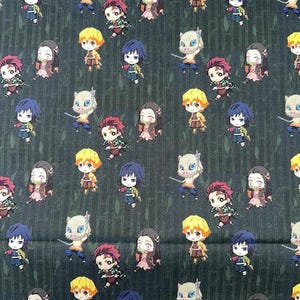 May include: Dark green fabric featuring a repeating pattern of anime-style characters in various poses. The characters have different hair colors, including yellow, blue, and red, and are dressed in colorful outfits. The fabric is suitable for crafting or apparel.