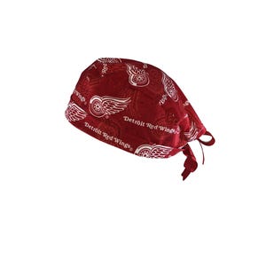 Detroit Red Wings Red Hockey NHL Tie Back Scrub Cap, Nurse Hat With or Without Ponytail Holder.