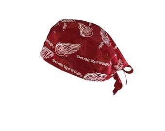 Detroit Red Wings Red Hockey NHL Tie Back Scrub Cap, Nurse Hat With or Without Ponytail Holder.